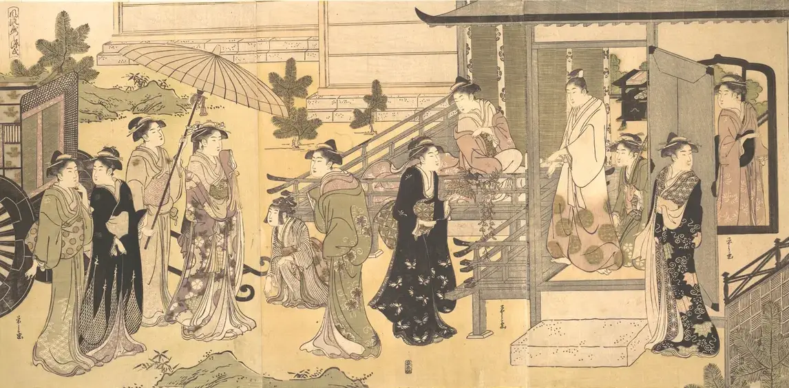 A Disguised Scene from The Tale of Genji (Fūryū Yatsushi Genji), Chapter 33, “Wisteria Leaves (Fuji no uraba)” | Chōbunsai Eishi - 浮世繪畫廊