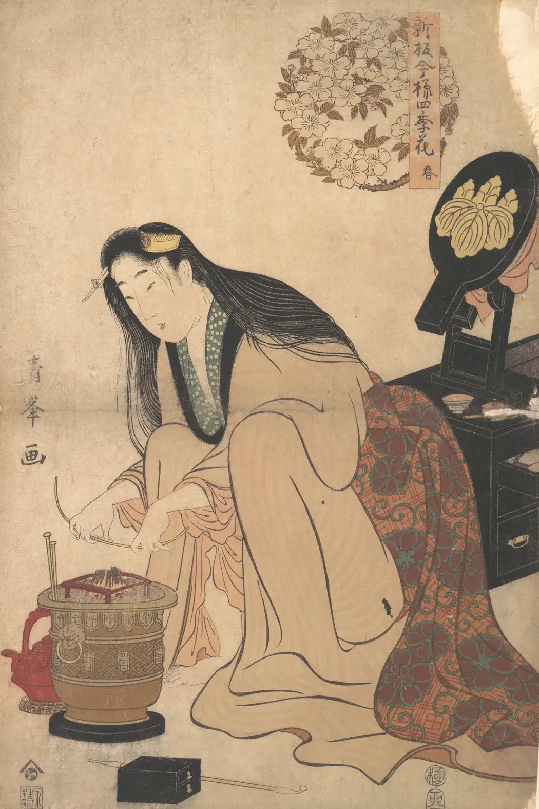 Lady Arranging Binsashi (Support for the Hair over the Temples) to put in Her Hair | Torii Kiyomine - 浮世繪畫廊