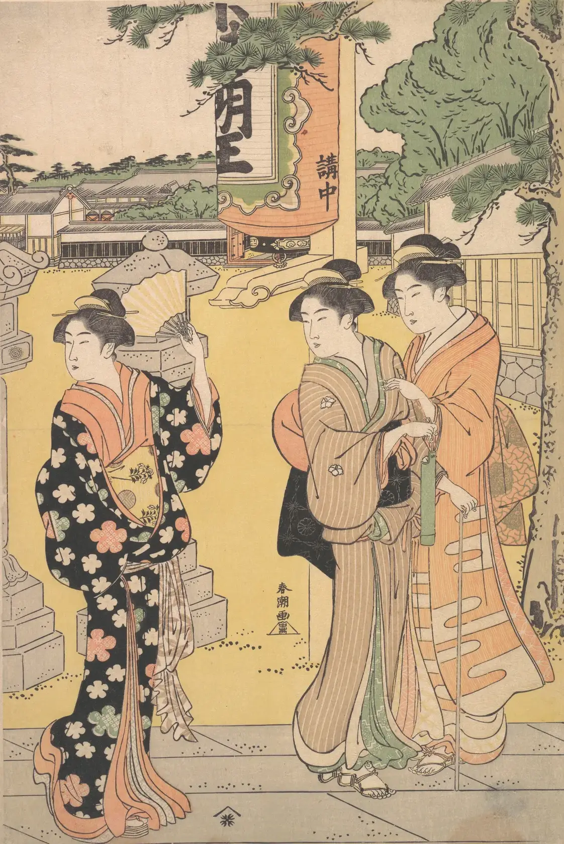 Fair Visitors in the Compound of a Buddhist Temple | Katsukawa Shunchō - 浮世繪畫廊