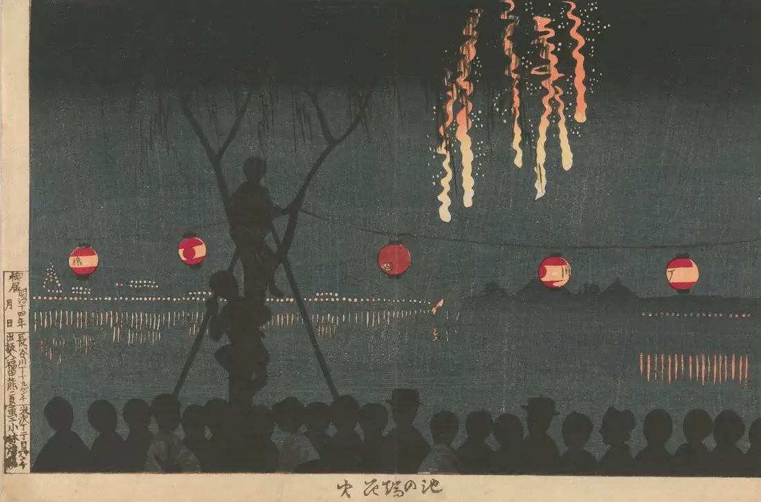 Fireworks at Ikenohata | Kobayashi Kiyochika - 浮世繪畫廊