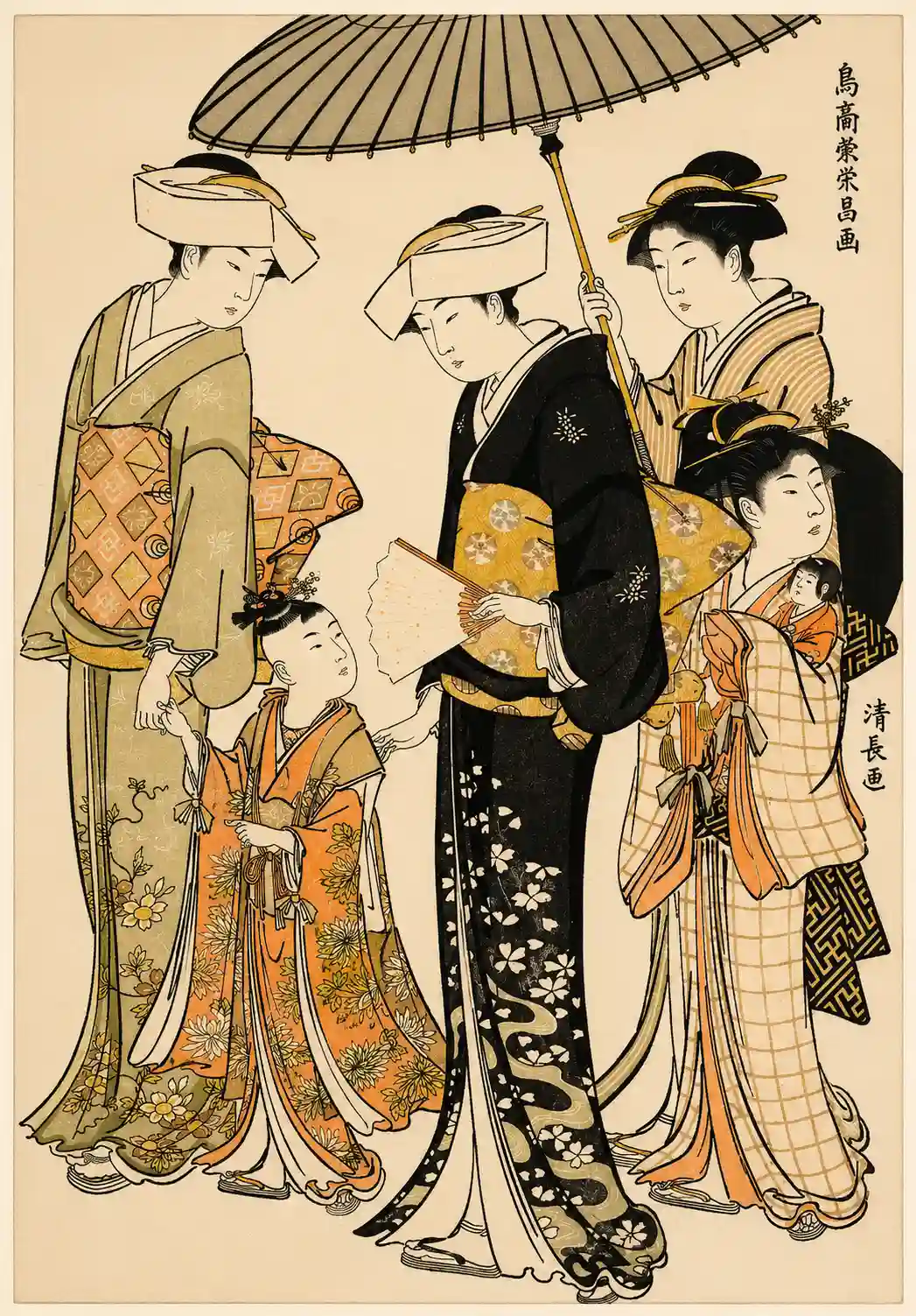 High-Ranking Samurai Girl with Four Attendants, from the series A Brocade of Eastern Manners (Fūzoku Azuma no nishiki)