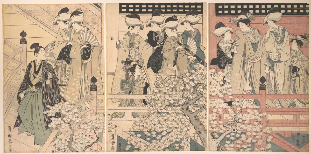 Beauties on a Veranda among Cherry Blossoms from which a Samurai is Departing
