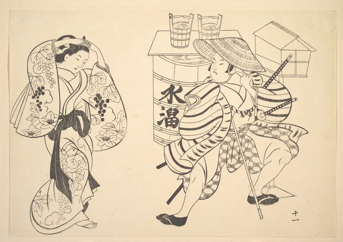 An Oiran Rearranging Her Hair in the Street while a Young Samurai Looks on